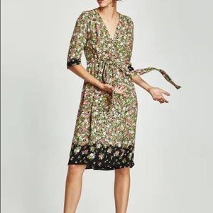 Zara floral wrap shirt dress with sash tie